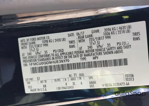 2017 Ford Escape Se из США, поврежденный, VIN 1FMCU0GD9HUE39370